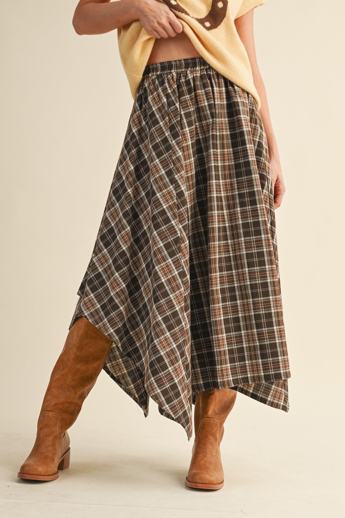 PLAID UNEVEN MIDI SKIRT