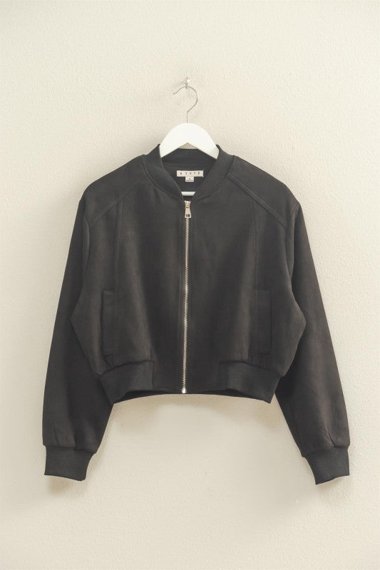 HALLIE FAUX SUEDE BOMBER JACKET