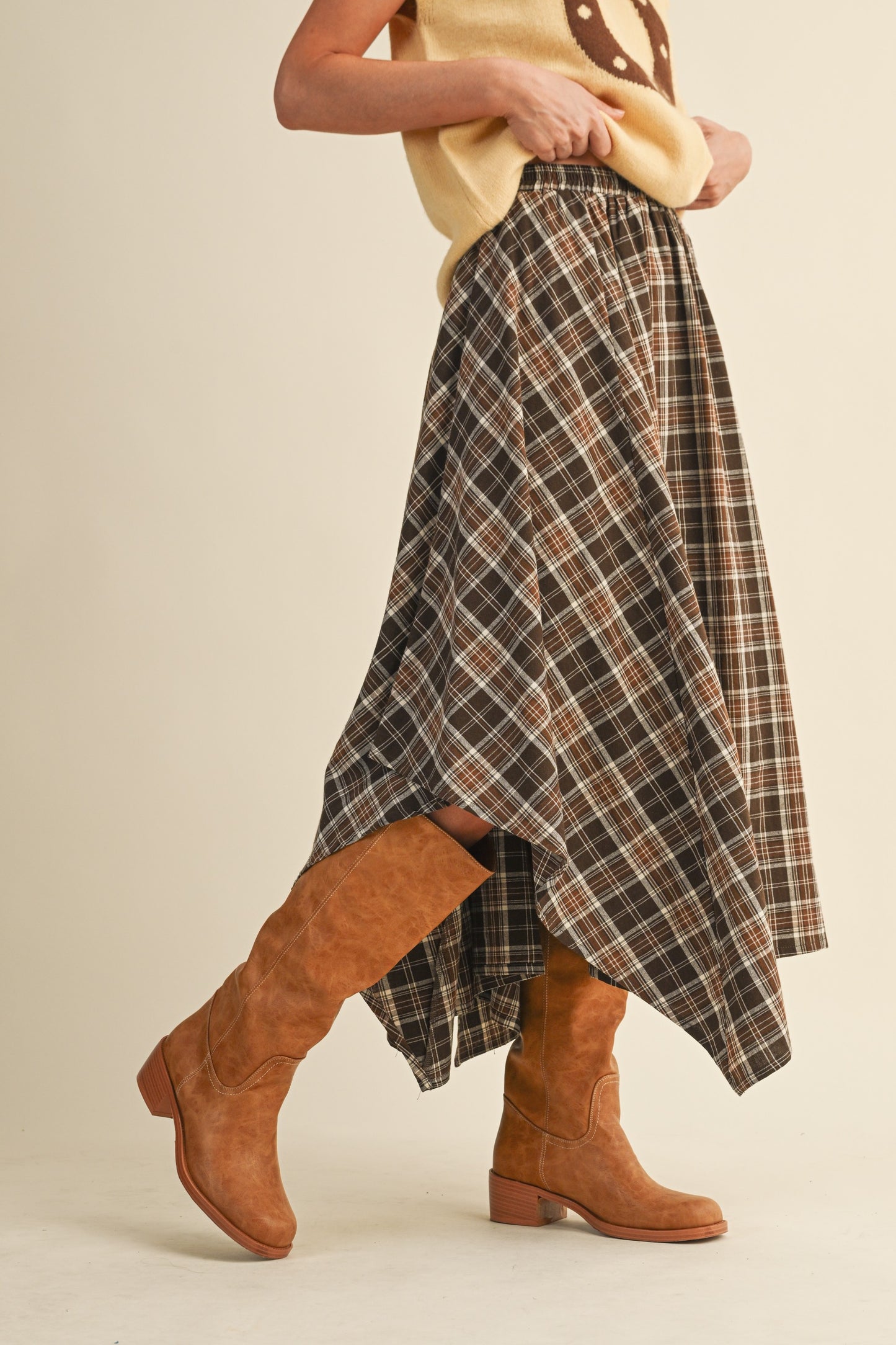 PLAID UNEVEN MIDI SKIRT